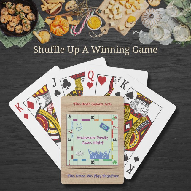 Casual and Fun Board Game Night Playing Cards (Custom board game playing cards featuring a printed wood design and sentimental family quote.)