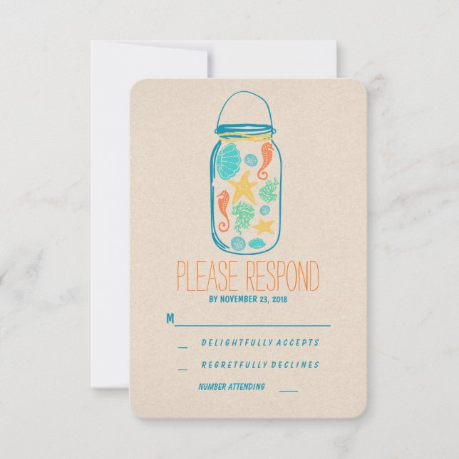 Casual beach mason jar wedding RSVP (Front)