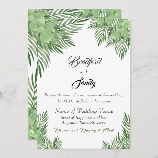 Casual Beach Wedding Green Eucalyptus Palm leaves Invitation (Front/Back)