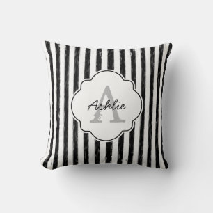 Casual Black Painted Stripes Monogram and Name Cushion