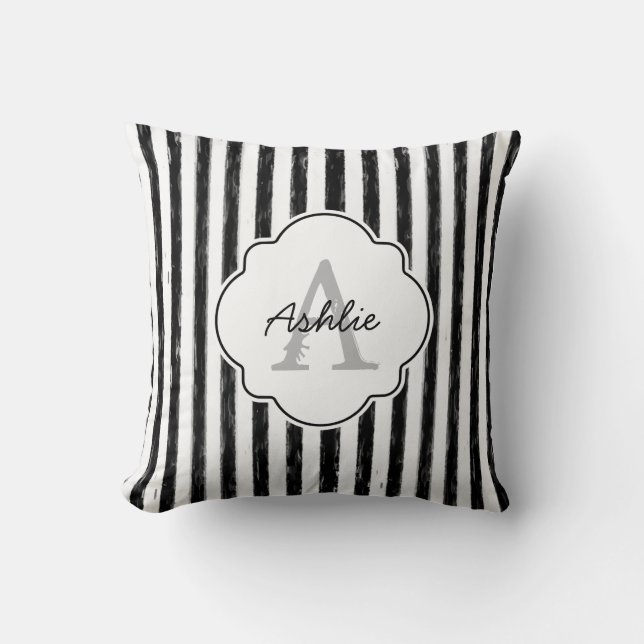 Casual Black Painted Stripes Monogram and Name Cushion (Front)