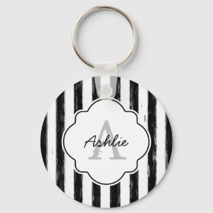 Casual Black Painted Stripes Monogram and Name Key Ring