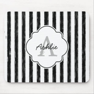 Casual Black Painted Stripes Monogram and Name Mouse Mat