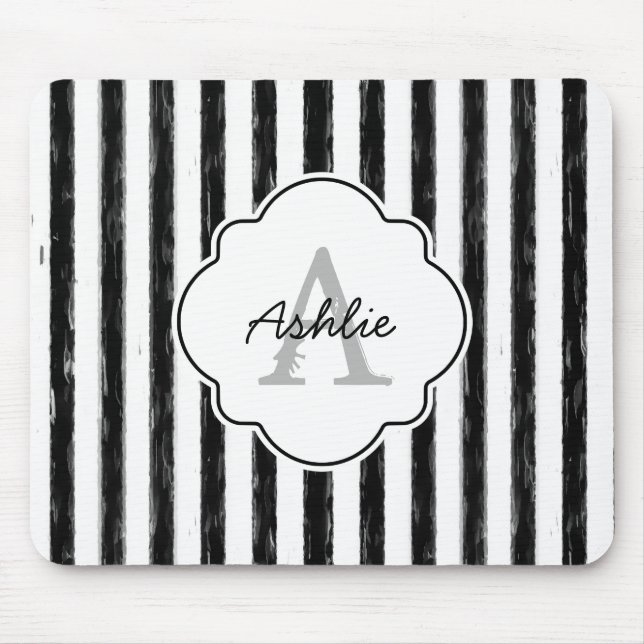 Casual Black Painted Stripes Monogram and Name Mouse Mat (Front)