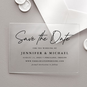 Casual Black Script Wedding Save the Date Acrylic Invitations