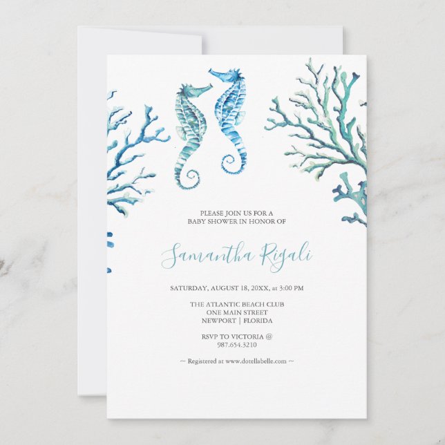 Casual Blue Seahorse Watercolor Baby Shower Invite (Front)