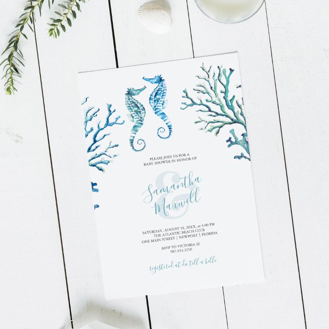 Casual Blue Seahorse Watercolor Baby Shower Invite (Baby shower invitation seahorse watercolor art by Victoria Grigaliunas)