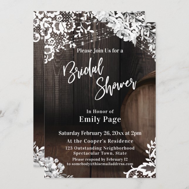 Casual Bridal Shower Barrel Lace Lights & Flowers Invitation (Front/Back)