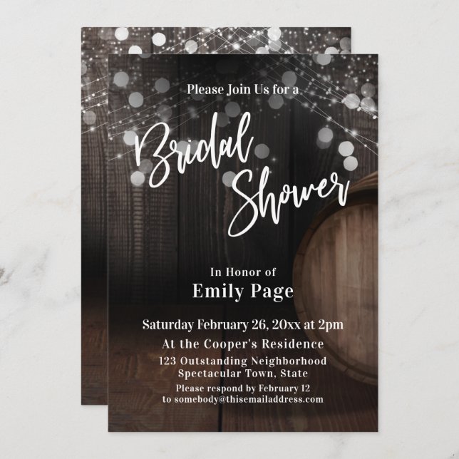 Casual Bridal Shower Typography Barrel & Lights Invitation (Front/Back)