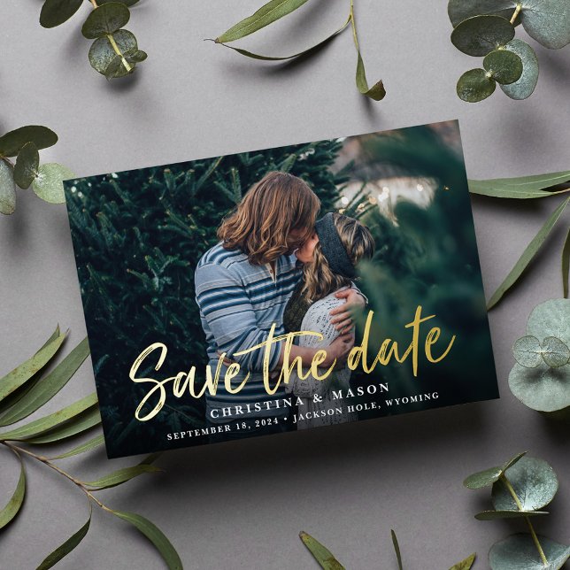 Casual Brush Foil Save the Date Photo Card (Creator Uploaded)