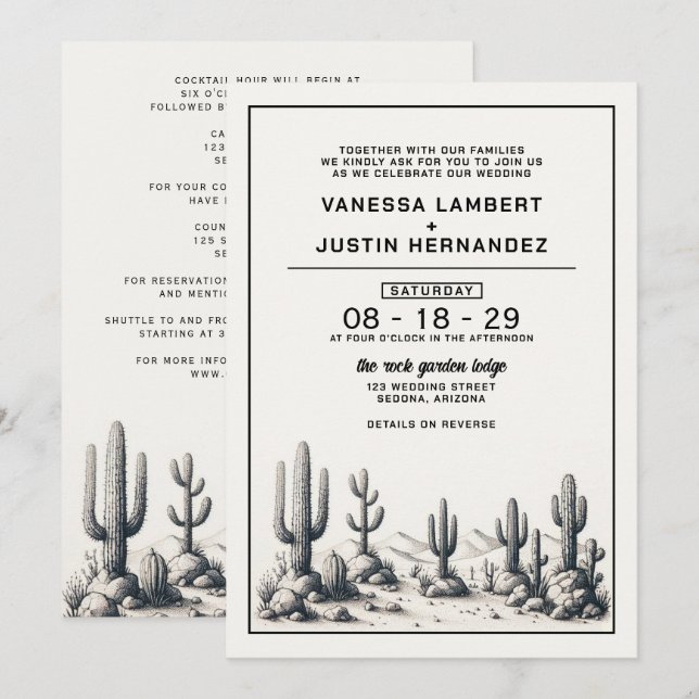 Casual Cactus Wedding with Details Invitation (Front/Back)