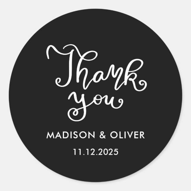 Casual Chic Script Thank You Black Wedding Classic Round Sticker (Front)