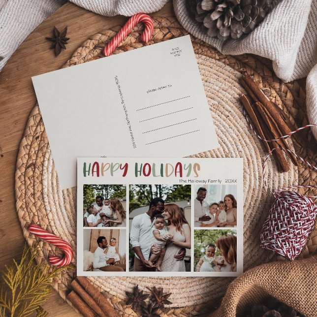 Casual Colourful Happy Holidays Five-Photo Holiday Postcard (Creator Uploaded)