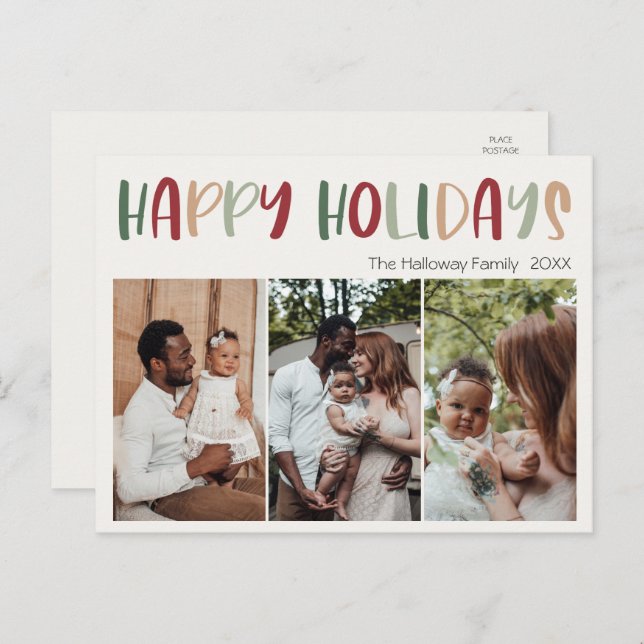 Casual Colourful Happy Holidays Three Photo Holiday Postcard (Front/Back)