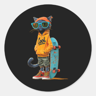 Casual cool skateboard cat costume for boys and classic round sticker