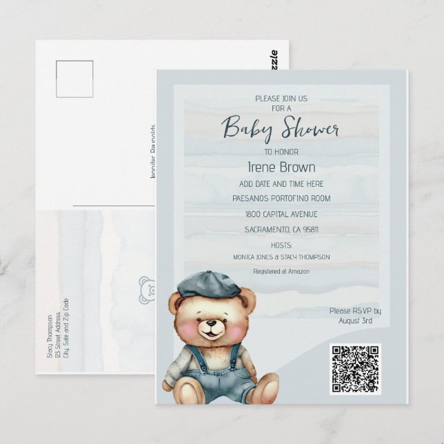 Casual Cosy Bear Baby Shower Invitation Postcard (Front/Back)