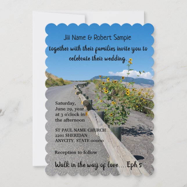Casual country west mountain road flowers wedding invitation (Front)