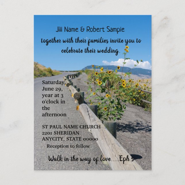 Casual country west mountain road flowers wedding invitation postcard (Front)