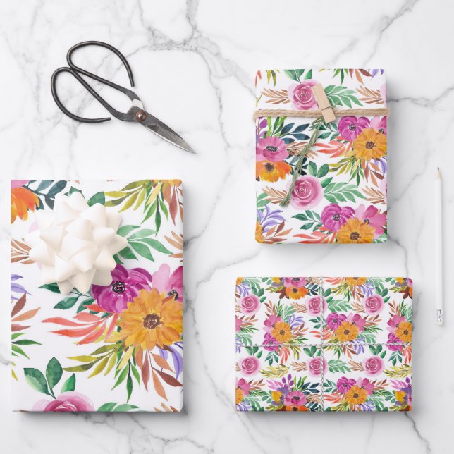 Casual Elegance Purple Roses Yellow Flowers Floral Wrapping Paper Sheet (Front)