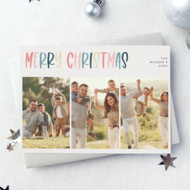 Casual Festive Colourful Christmas Three Photo  Holiday Card (Creator Uploaded)