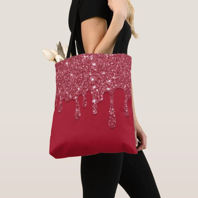 Casual Glam Red Glitter Drip Tote Bag (Close Up)