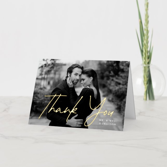 Casual Gold Script Photo Wedding Thank You Foil Greeting Card (Front)