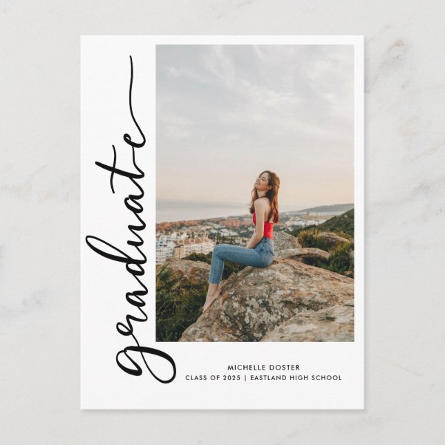 Casual Graduate Handwritten Script | Photo Announcement Postcard (Front)