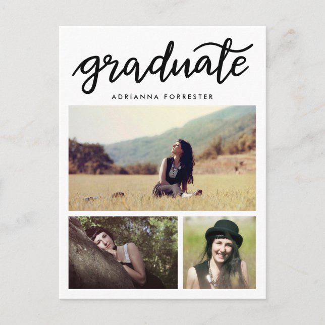 Casual Graduate Script Three Photo Invitation Postcard (Front)