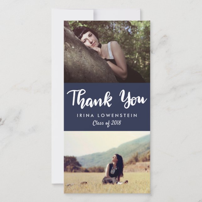 Casual Graduate Two Photo Thank You Navy Blue Card (Front)
