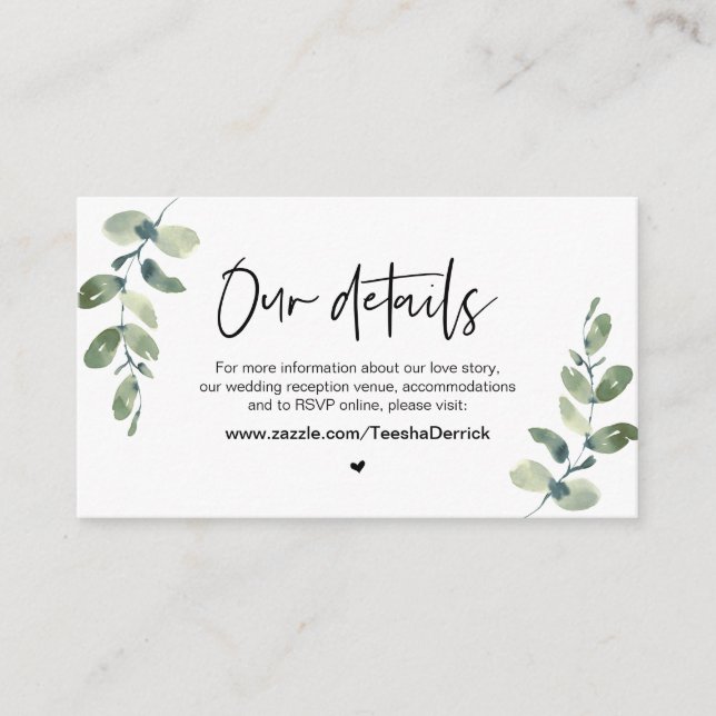 Casual Greenery, Black font, Our Wedding Details Enclosure Card (Front)