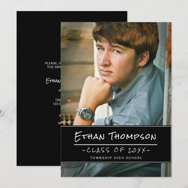 Casual Guy Graduate Photo Graduation Party Invitation (Front/Back)