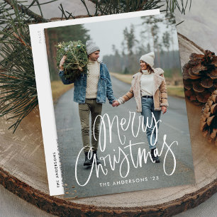 Casual Hand-Lettered Script Merry Christmas Photo Holiday Postcard