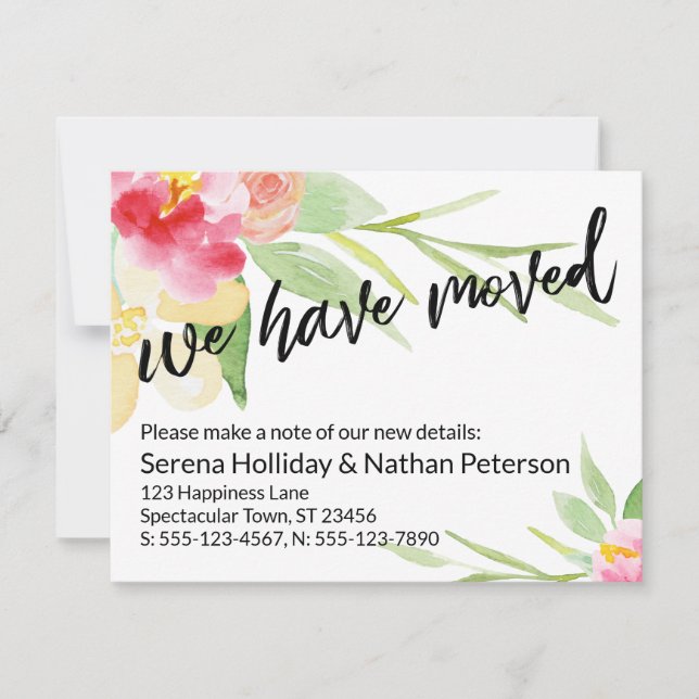 Casual Hand We Have Moved Watercolor Flowers Card (Front)