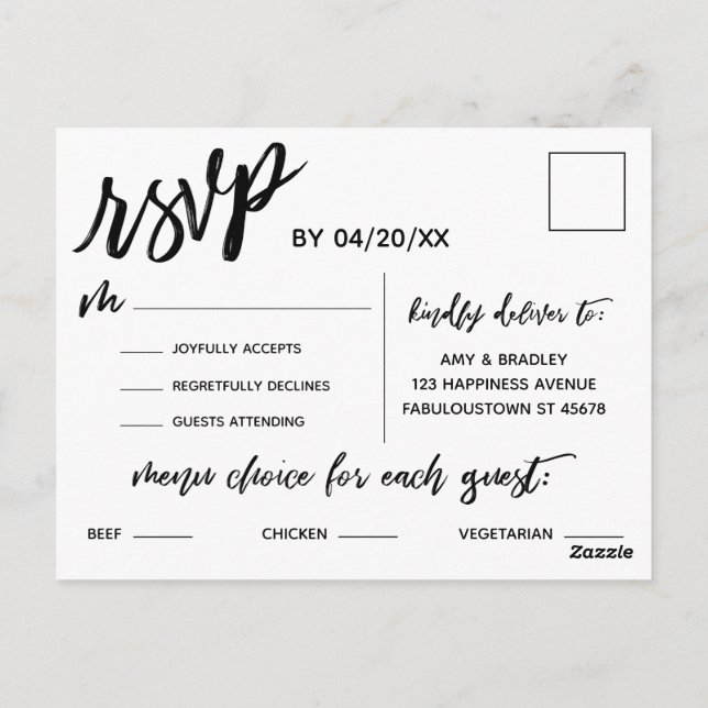 Casual Handwriting Black White Menu Choice RSVP Postcard (Back)