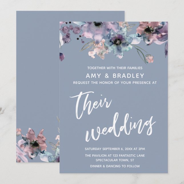 Casual Handwriting Floral Dusty Blue Wedding Invitation (Front/Back)