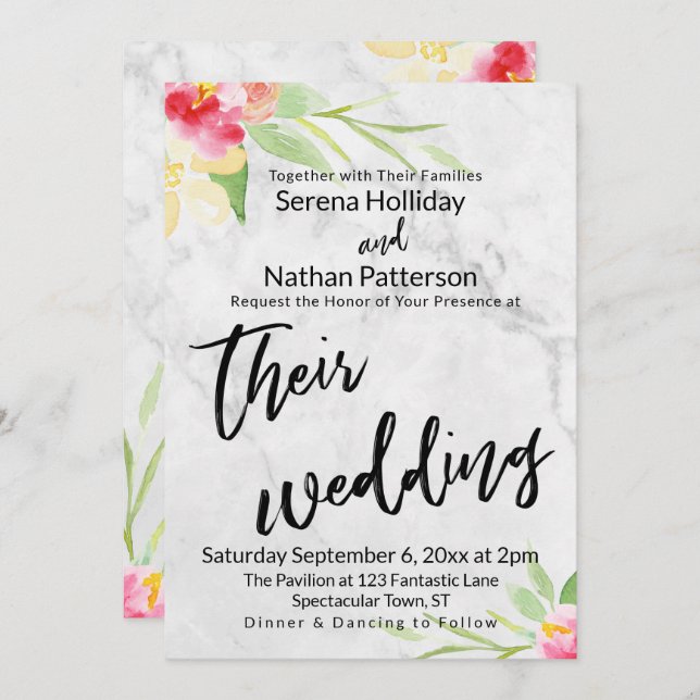 Casual Handwriting Painted Flowers Marble Wedding Invitation (Front/Back)