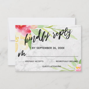 Casual Handwriting Watercolor Flowers Marble RSVP Card