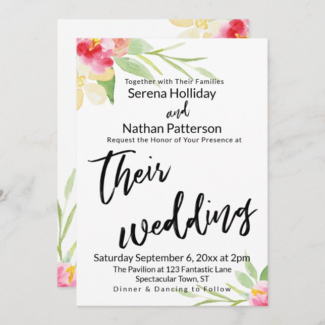 Casual Handwriting Watercolor Flowers Wedding Invitation (Front/Back)