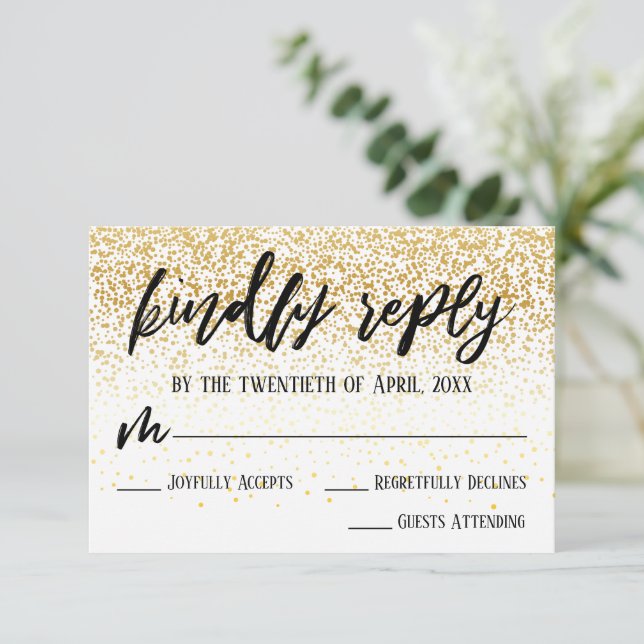 Casual Handwriting with Faux Gold Confetti Wedding RSVP Card (Standing Front)