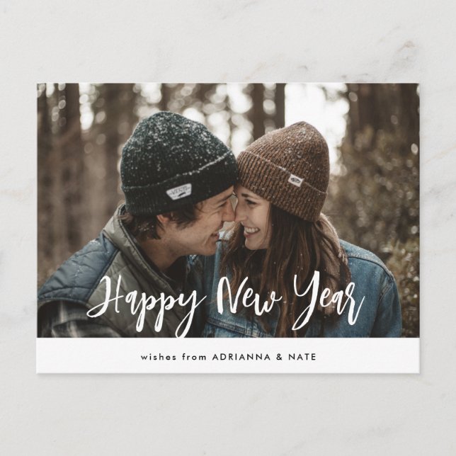 Casual Happy New Year Modern Script Couple Photo Holiday Postcard (Front)
