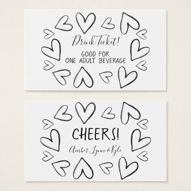 Casual Hearts. Black on White Drink Tickets (Front & Back)