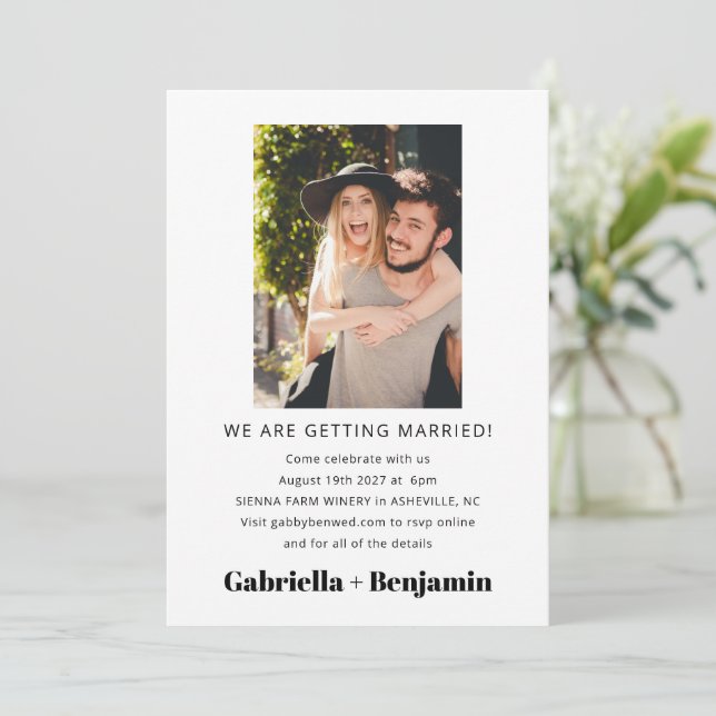 Casual Minimalist Photo White All In One Wedding Invitation (Standing Front)
