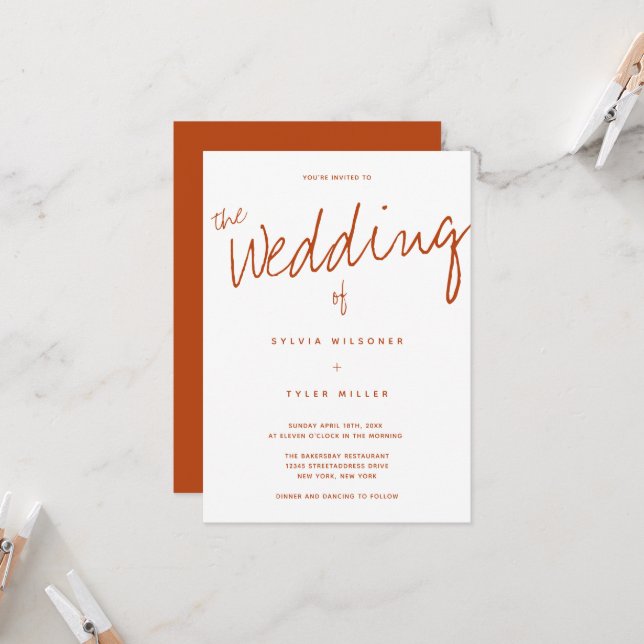 Casual Modern Burnt Orange Typography Wedding Invitation (Front/Back In Situ)