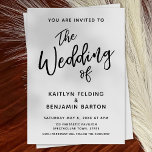 Casual, Modern, Minimal Typography Wedding Invitation<br><div class="desc">Invite your guests to your wedding with the help of these minimal, sophisticated black on white invitation cards. In the design I've used a casual, modern, handwritten font to create a graphic typography overlay reading "The Wedding of". Fill in the template blanks with your details to personalise the design. All...</div>
