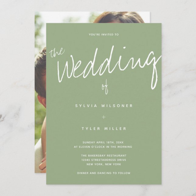Casual Modern Sage Typography Photo Wedding Invitation (Front/Back)