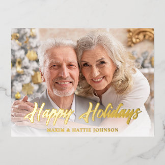 Casual Modern Script Happy Holidays Photo Foil Holiday Postcard