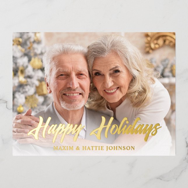 Casual Modern Script Happy Holidays Photo Foil Holiday Postcard (Front)