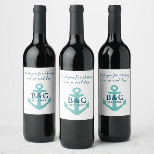 Casual nautical wedding teal anchor custom wine label