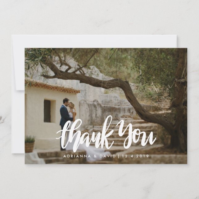 Casual Photo Wedding Thank You Handwritten Script Card (Front)