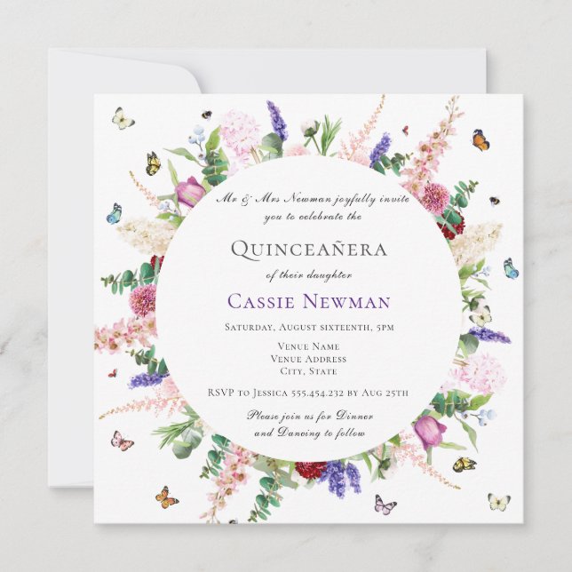 Casual Pink Purple Floral Butterflies Quinceañera  Invitation (Front)